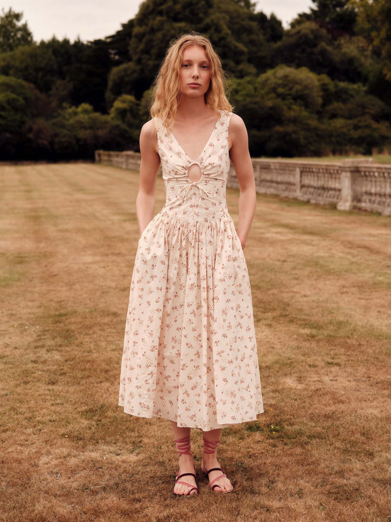 Penelope Blush Bouquet Cotton Eyelet Keyhole Midi Dress