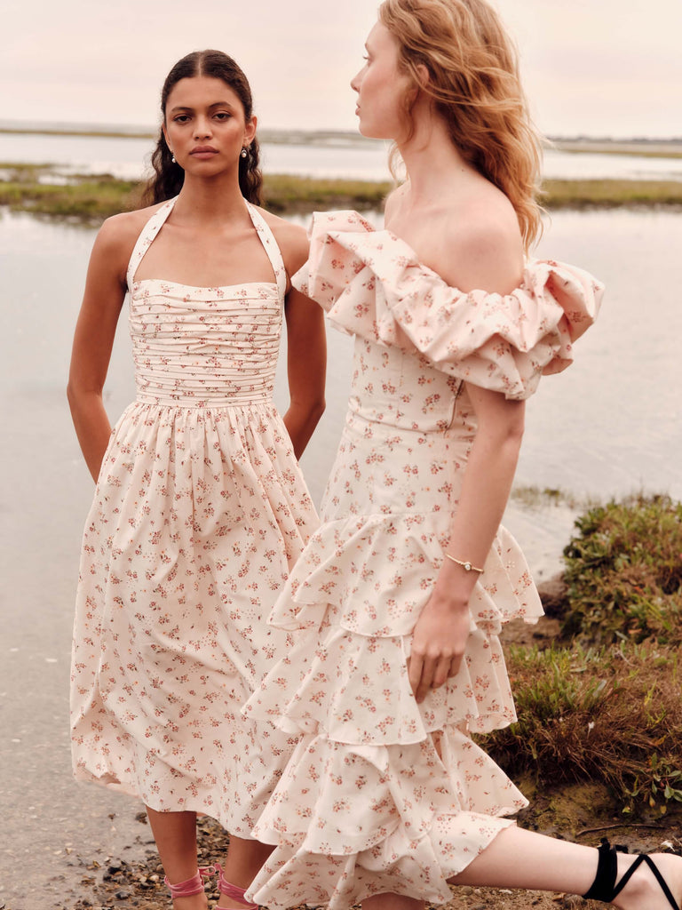 Leia Blush Bouquet Halter Neck Midi Dress