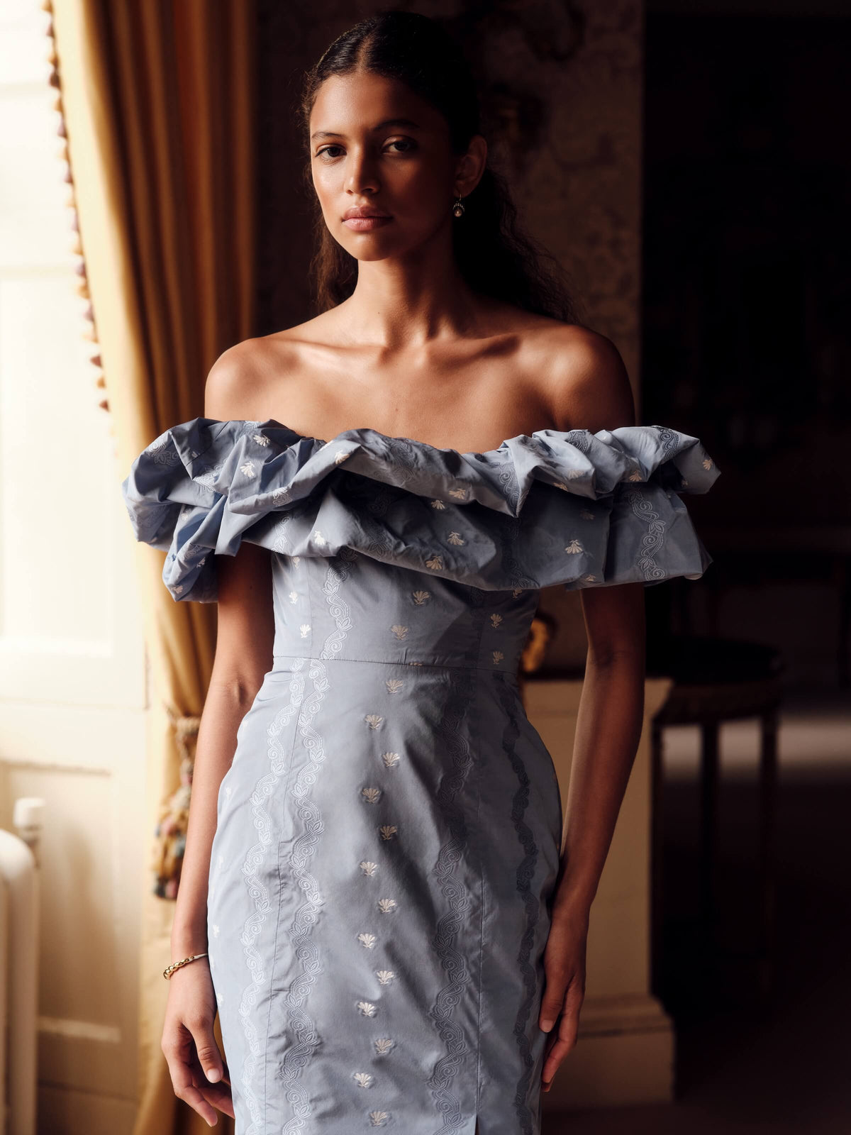 Pollyanna Wedgewood Floral Striped Taffeta Midi Dress