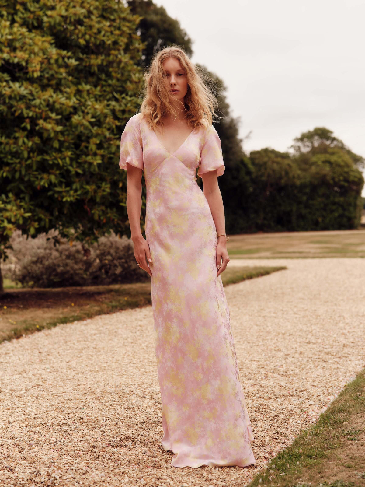 Lilou Floral Satin Puff Sleeve Gown