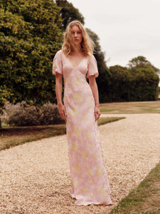 Lilou Floral Satin Puff Sleeve Gown