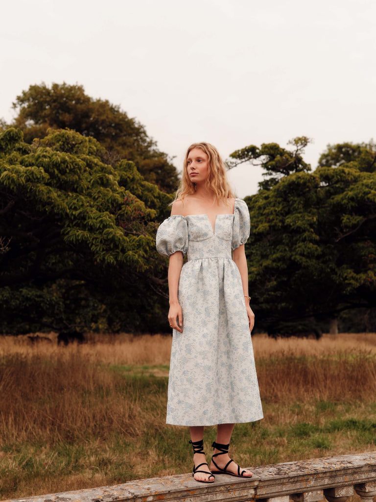 Lillian Cornflower And Mint Brocade Midi Dress