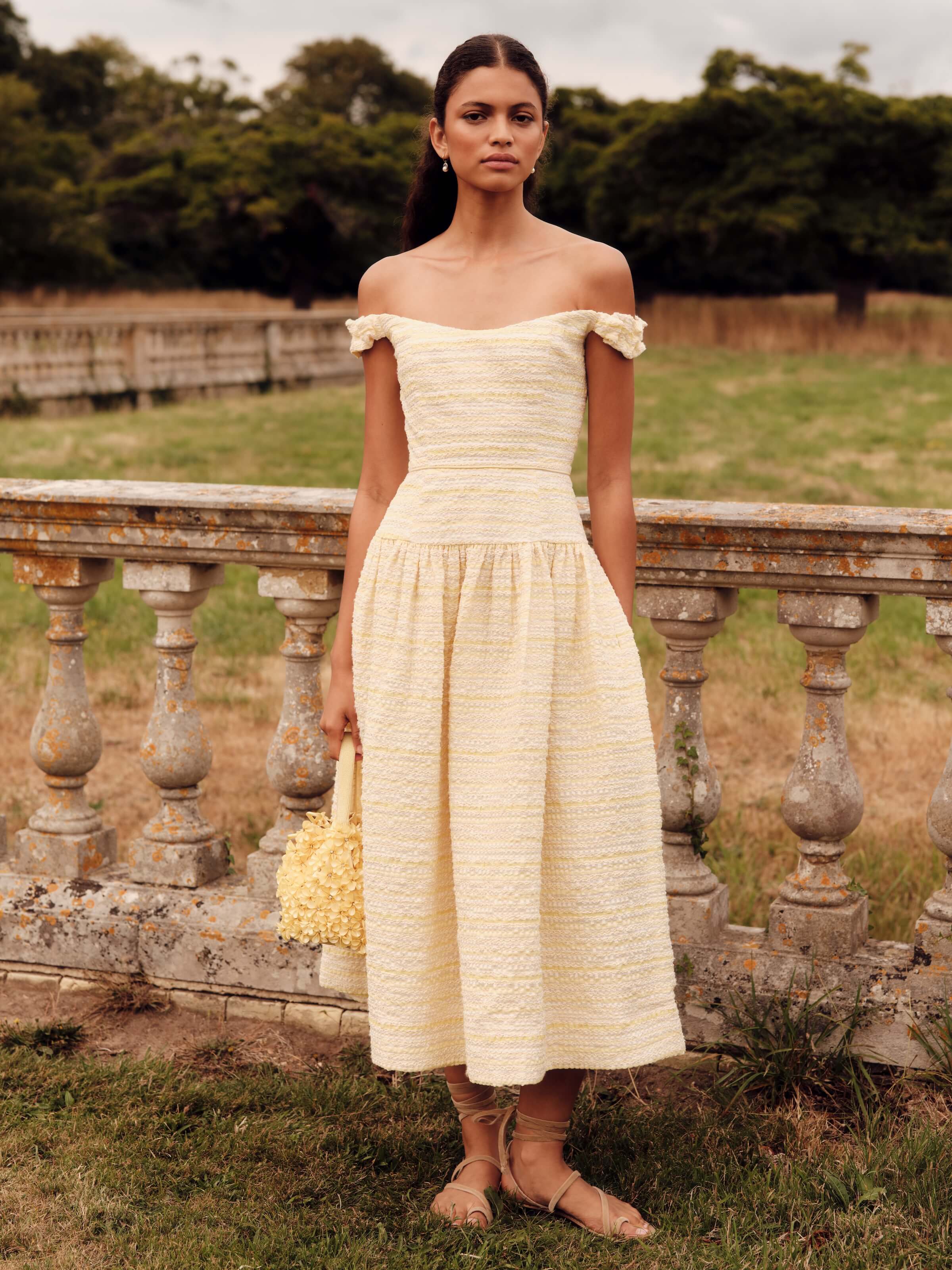 Giorgie Lemon Textured Stripe Midi Dress