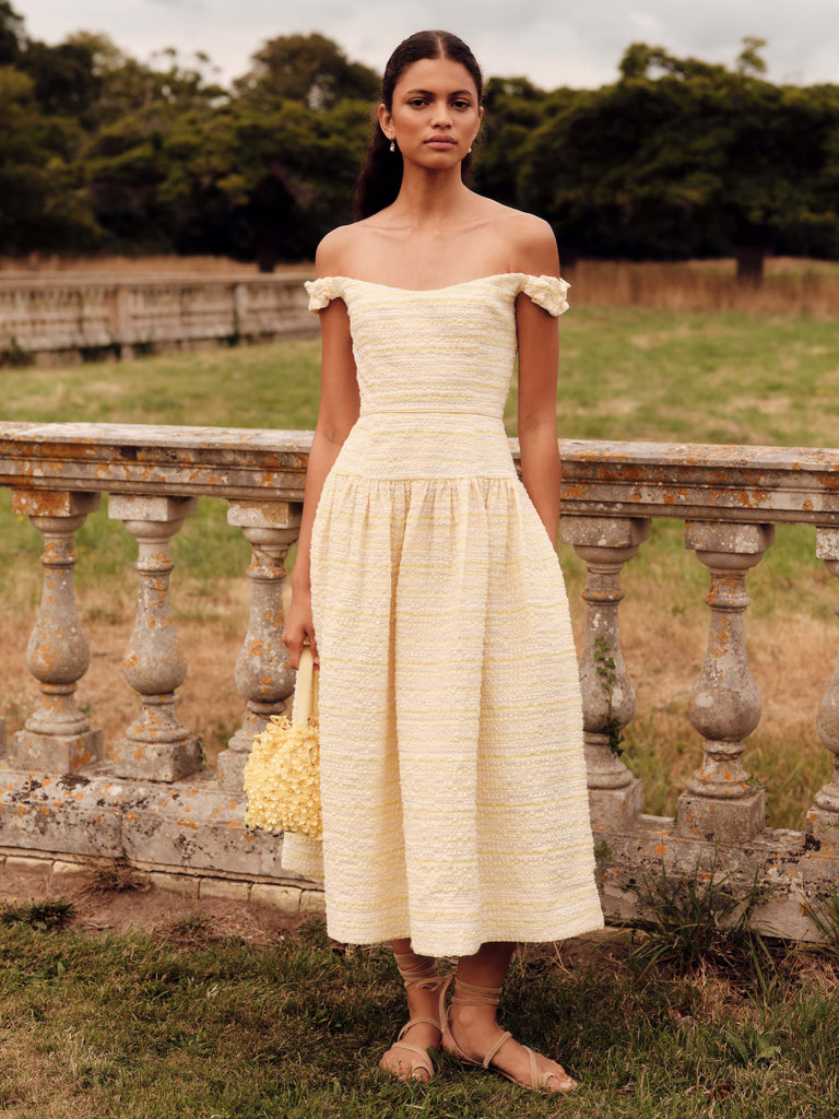 Giorgie Lemon Textured Stripe Midi Dress
