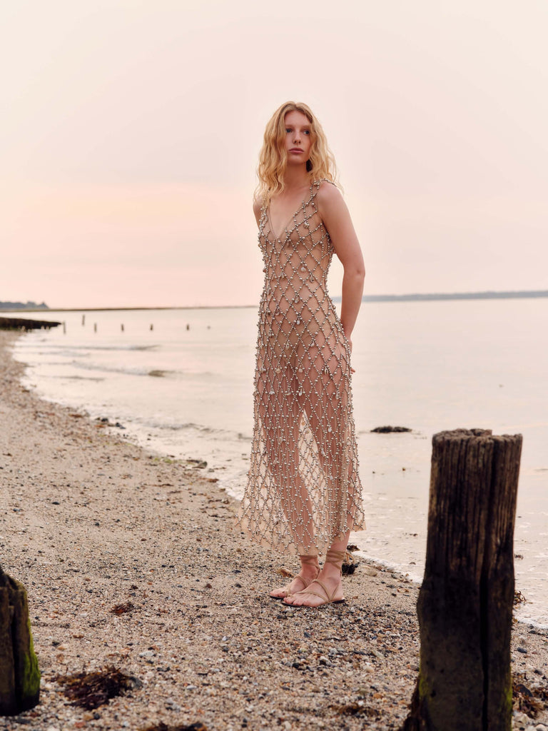 Odette Beaded Seashell Mesh Sleeveless Midi Dress