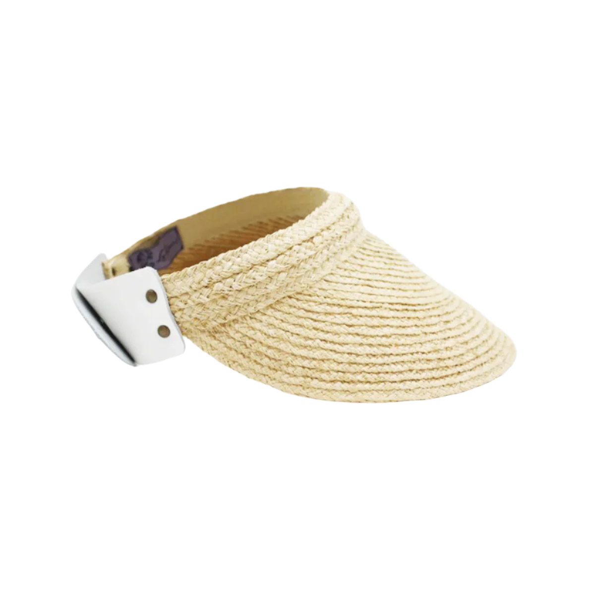 Three-quarter view of Marquee Visor Hat in Natural showcasing its white leather closure and raffia peak on a white background