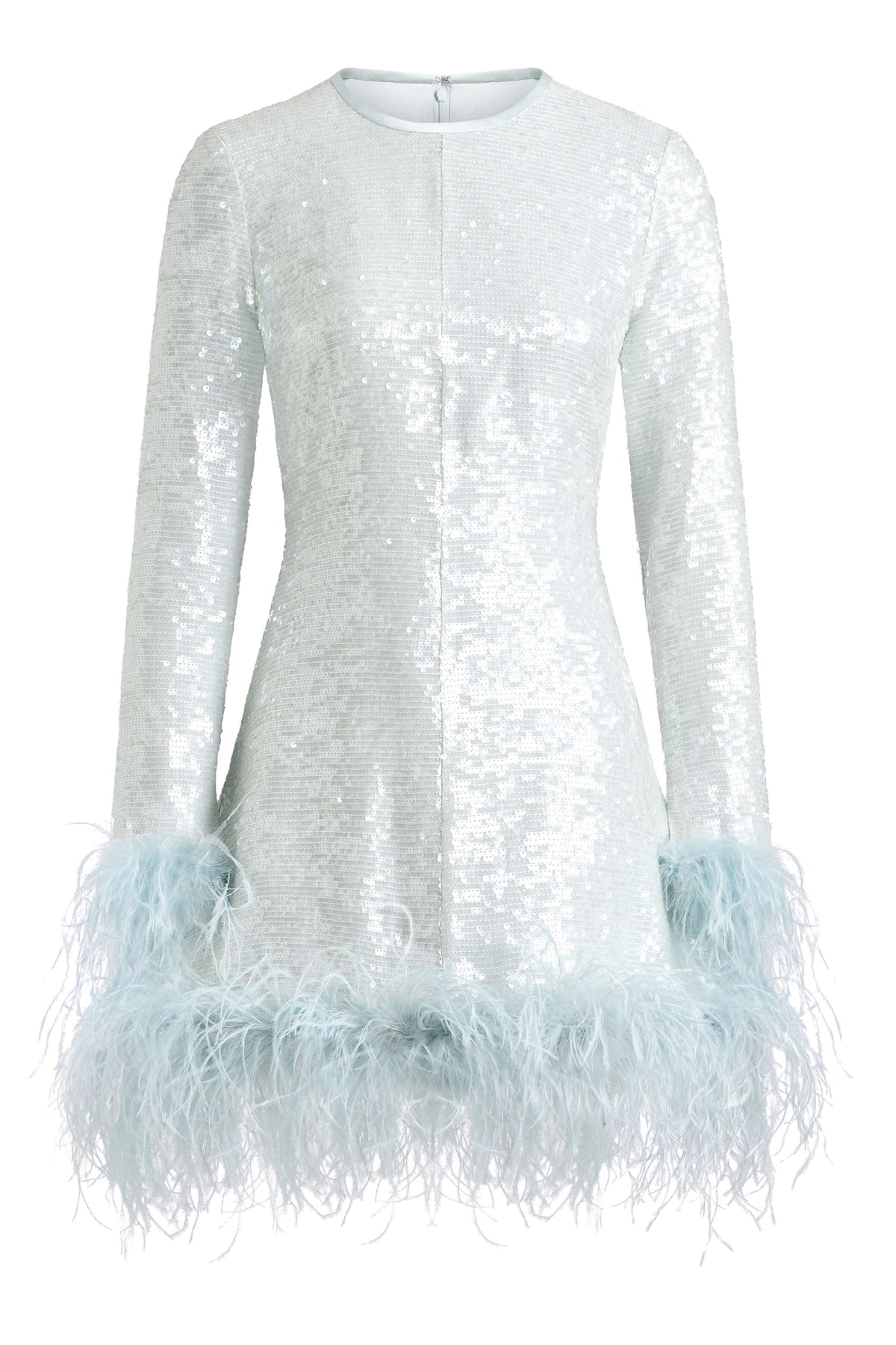 Front view of Althea sequin and feather mini dress showcasing long sleeves and feather trim on a white background