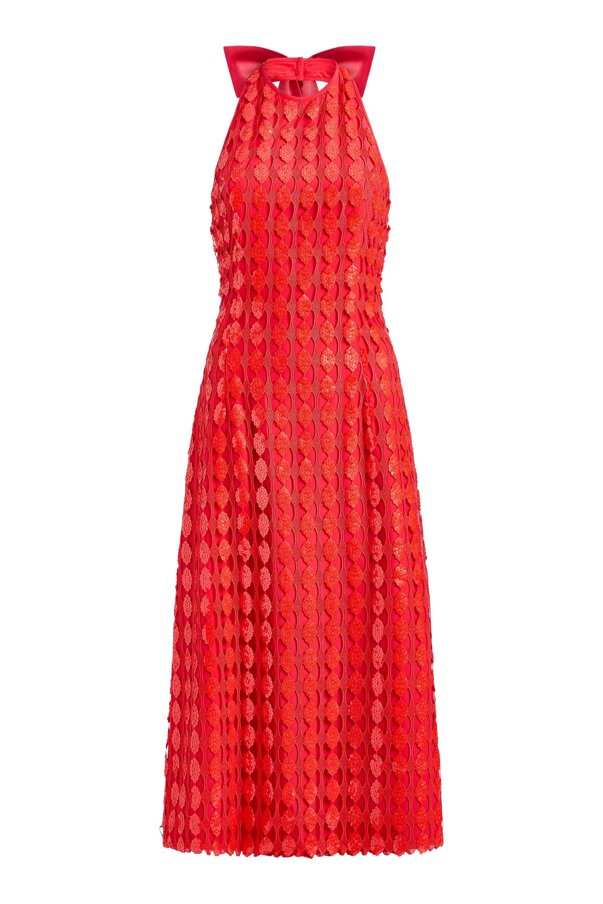 Front view of Ravenna Scarlet Halter Dress showcasing scarlet red patterned fabric against a white background