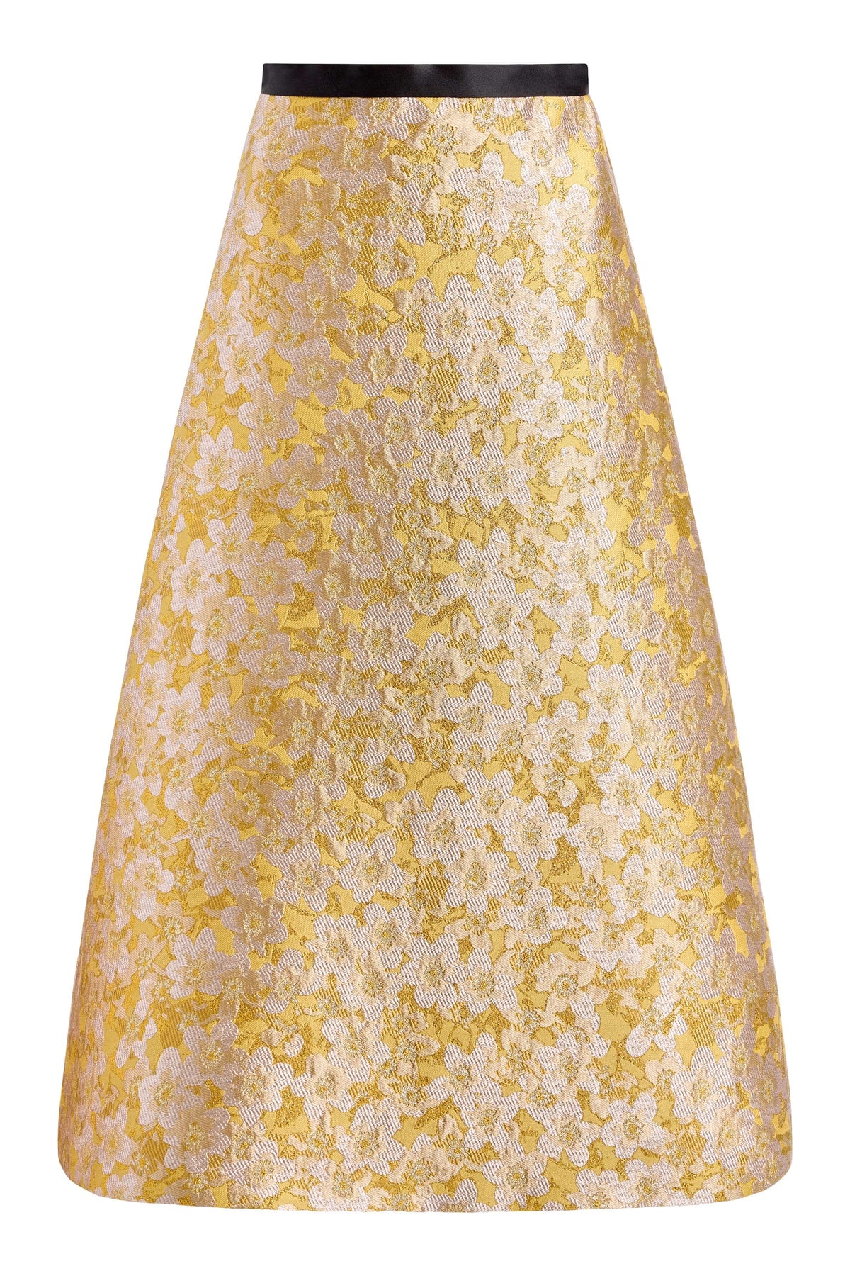 Front view of Pia Gold Midi Skirt showcasing its gold patterned fabric with a white background