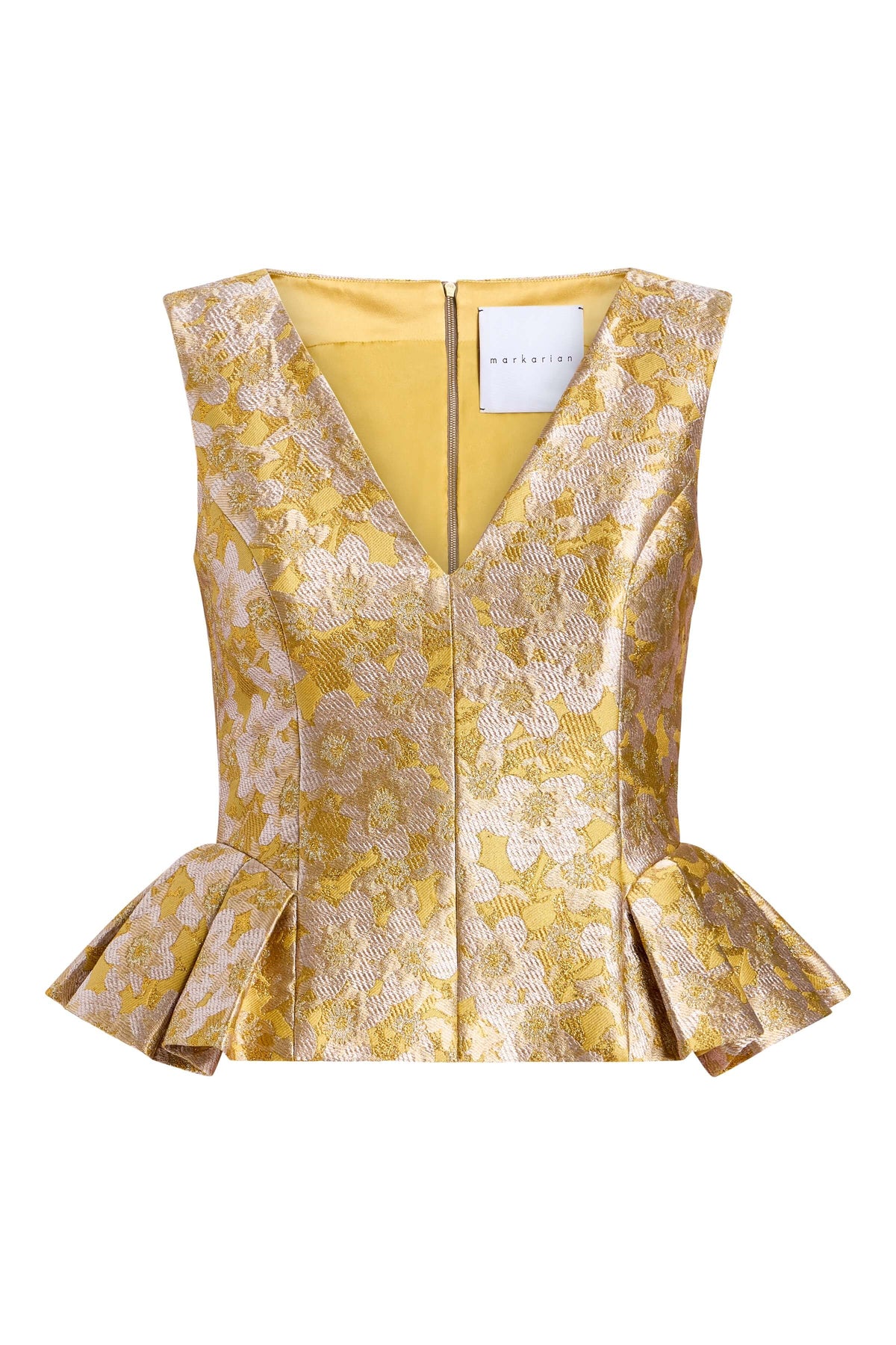 Front view of Jasminium Gold Top showcasing its gold floral pattern, V neckline, sleeveless design, and peplum hem on a white background
