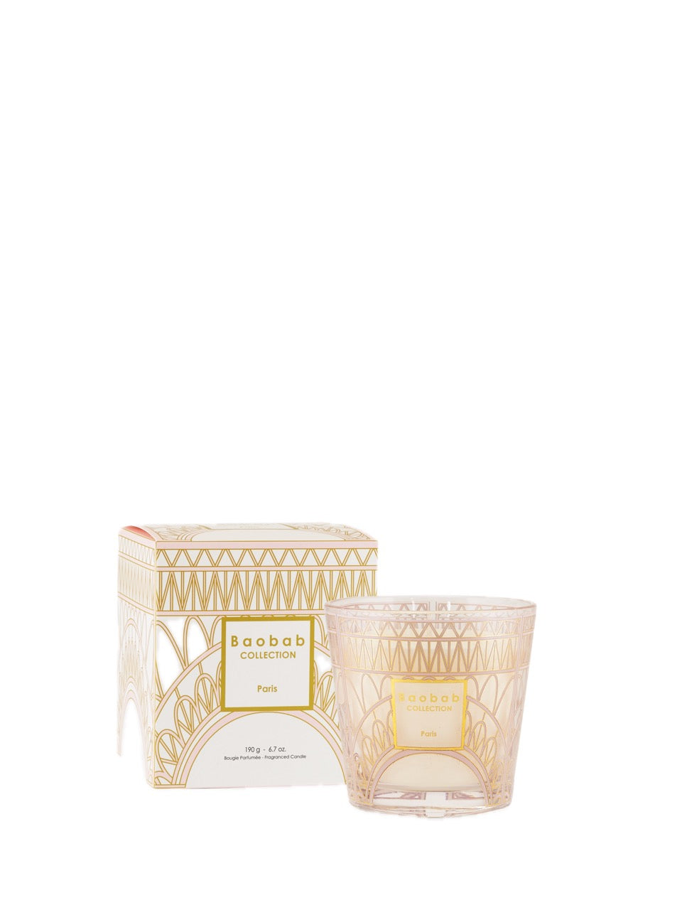 Front view of Baobab Collection Paris candle and box showcasing gold filigree on pink-tinted glass