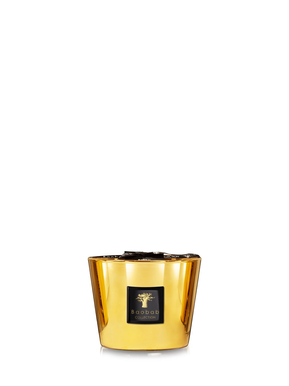 Front view of Max 10 Aurum candle showcasing gold-finished glass vessel with black Baobab label on white background