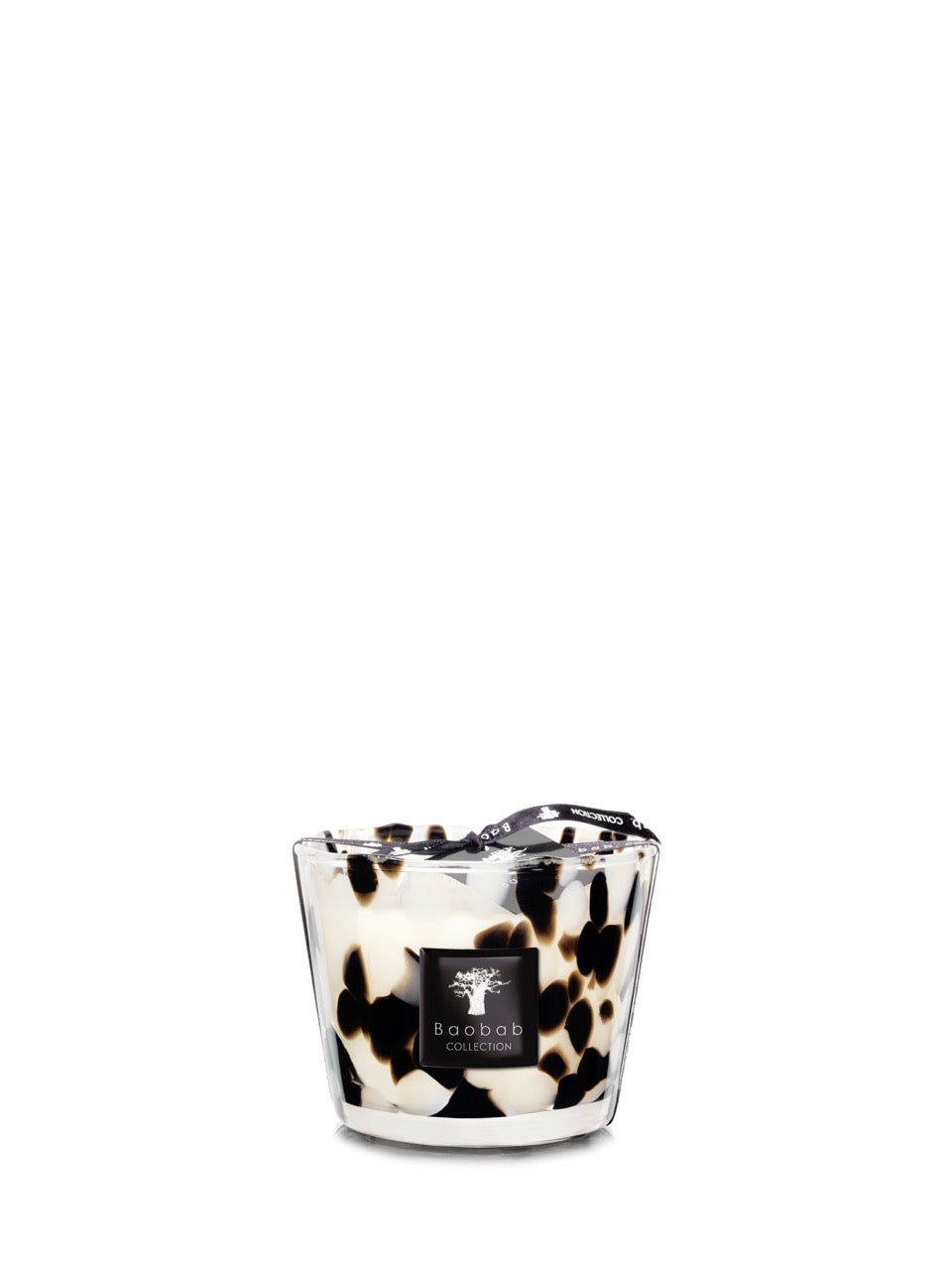 Front view of Max 10 Pearls Black candle showing marbled black-and-white hand-blown glass vessel with Baobab logo on white background