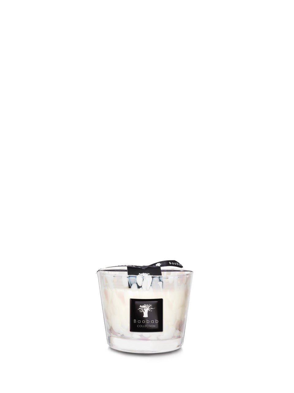 Front view of Max 10 Pearls White candle showcasing pearl-inspired hand-blown glass vessel with white wax on white background