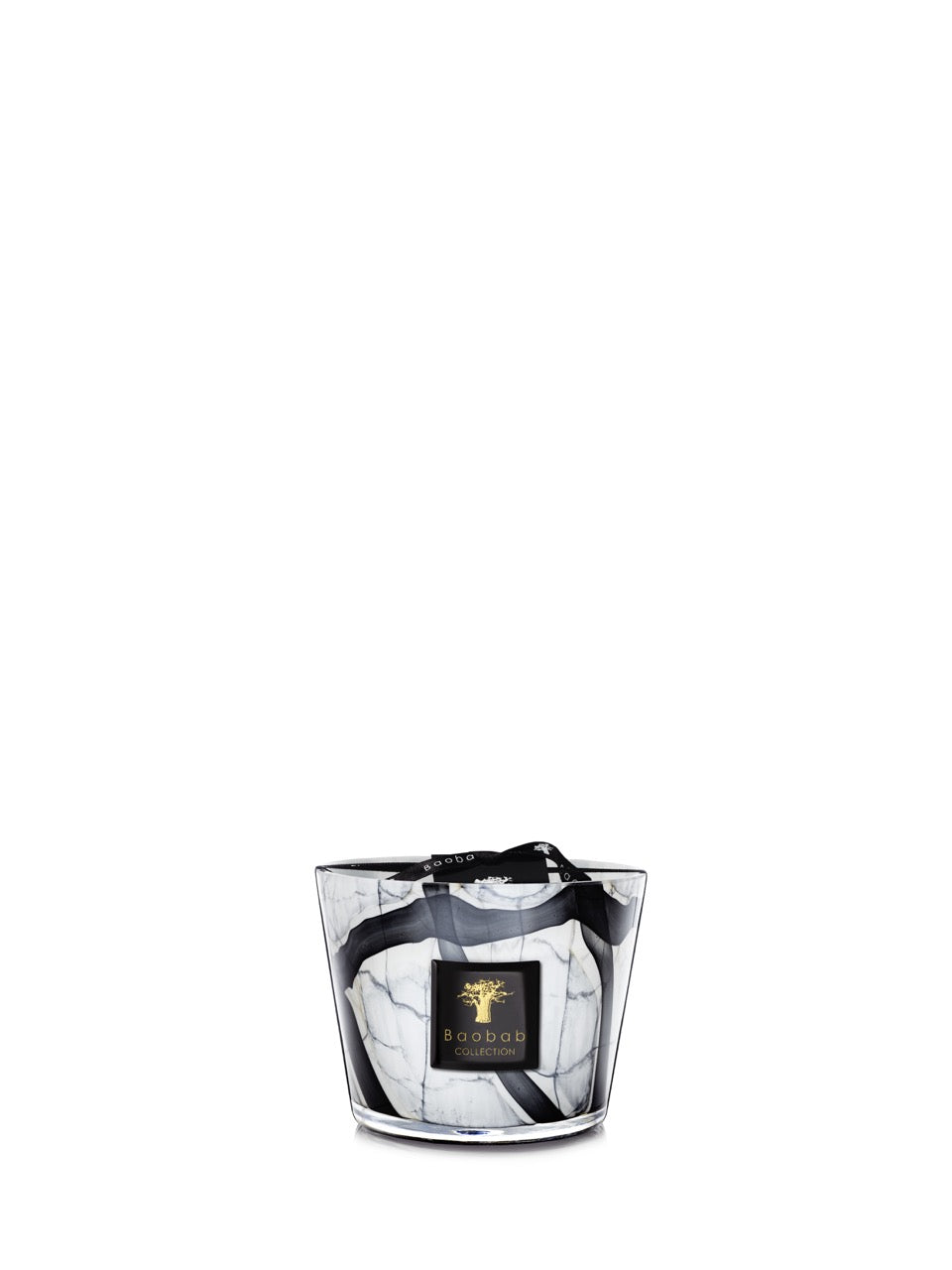 Front view of Max 10 Stones Marble candle showing marbled white-and-gray glass vessel with Baobab label