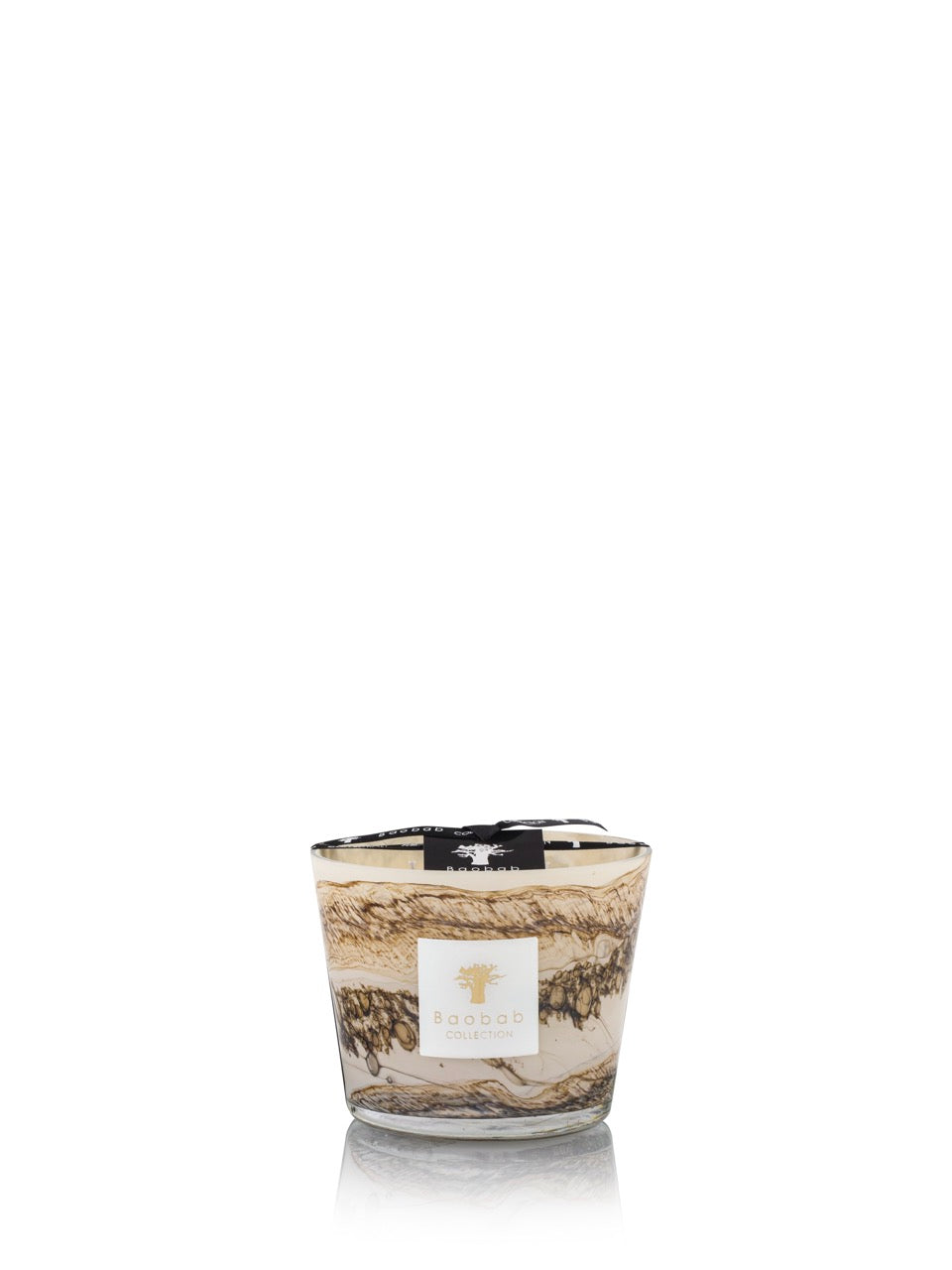 Front view of Max 10 Sand Siloli candle showcasing marbled amber-and-sand hand-blown glass vessel with Baobab label on white background