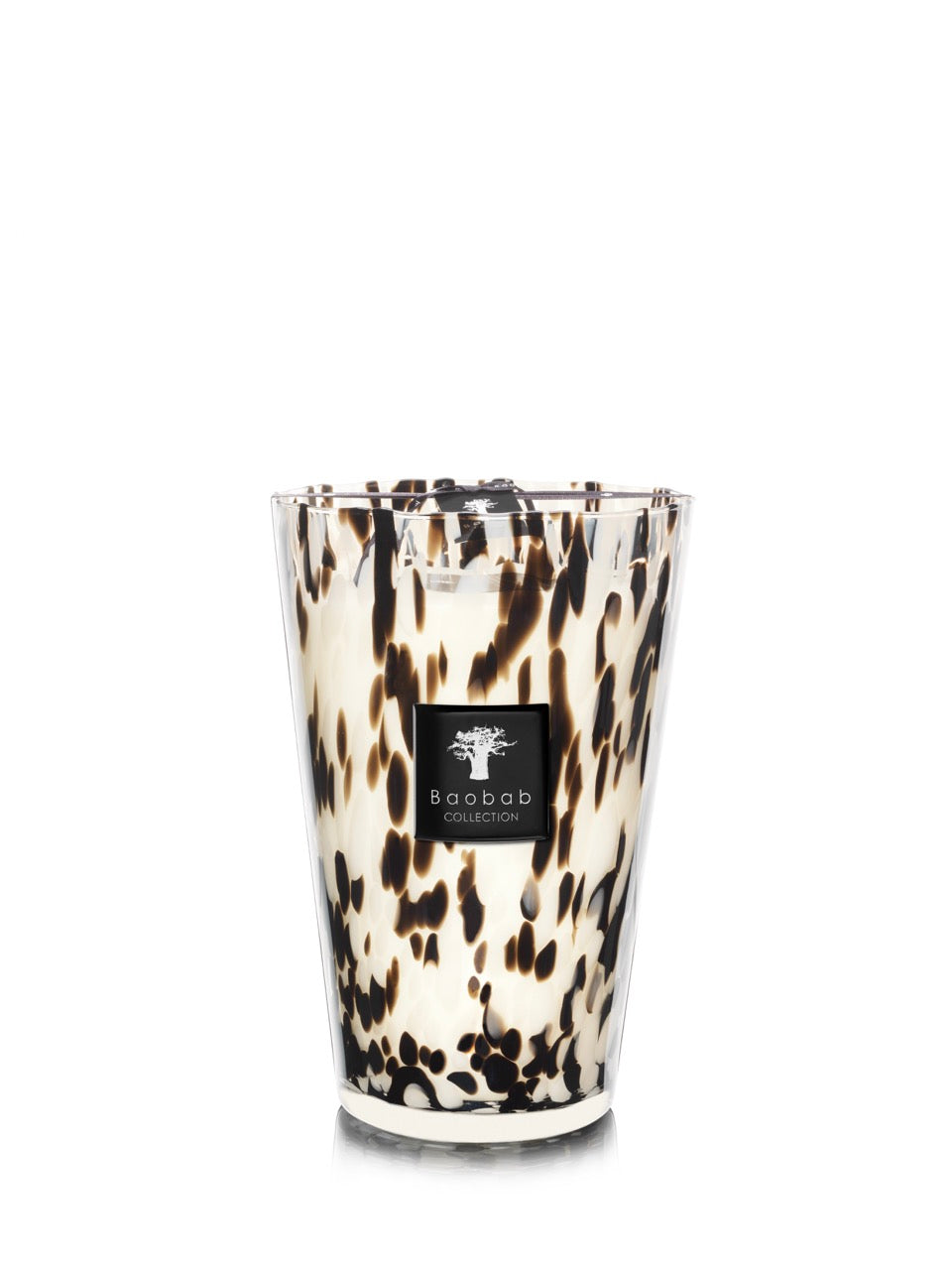 Front view of Max 35 Black Pearls candle showing black-and-white marbled glass vessel with Baobab Collection label