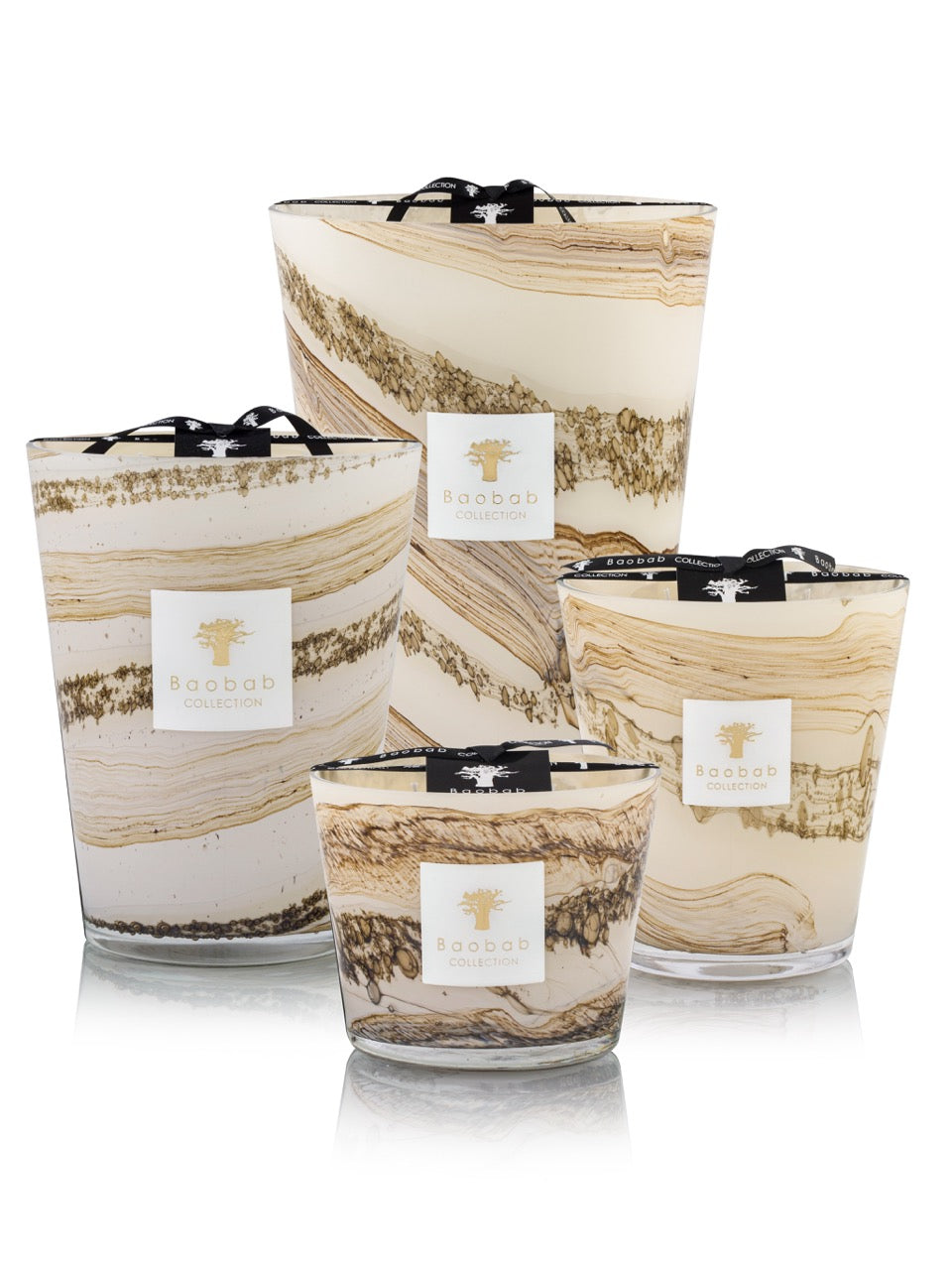 Front view of Candle Max 10 Sand Siloli showcasing marbled amber-and-sand hand-blown glass vessel with Baobab Collection label on white background