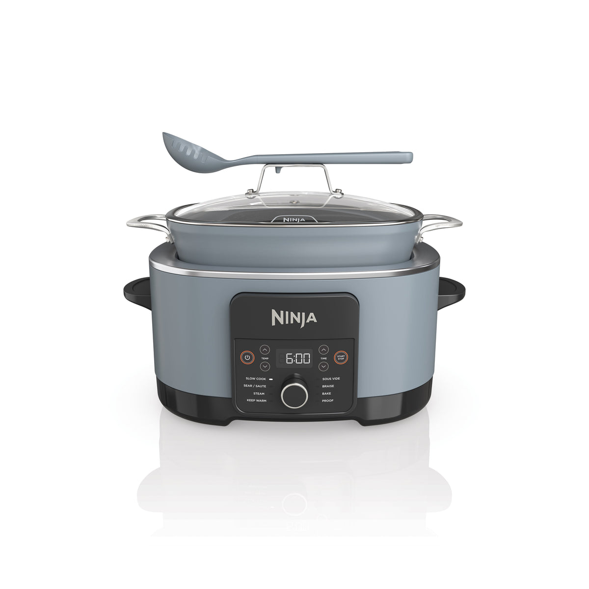 Front view of Ninja Foodi PossibleCooker Pro 8.5 qt multi-cooker with digital control panel, glass lid, and included spoon-ladle on white background