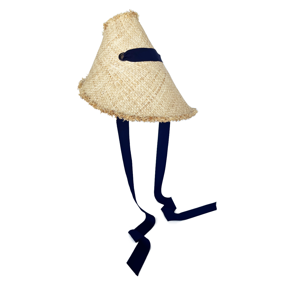 Angled view of Megaphone Hat in Natural and Navy showcasing raffia weave and navy ribbon ties with a white background