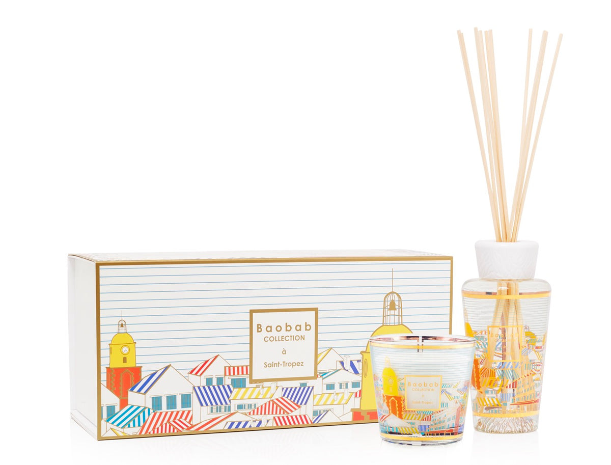 Front view of My First Baobab Saint-Tropez gift set with candle and reed diffuser, colorful coastal design