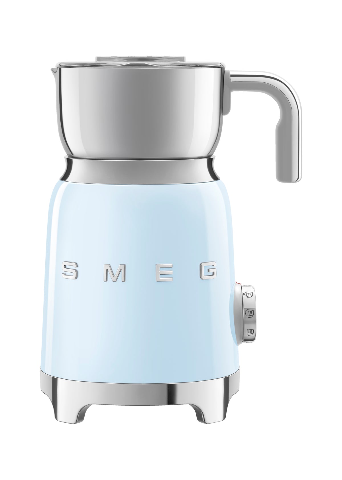 Front view of Milk Frother in Pastel Blue showcasing stainless-steel jug and transparent lid with white background