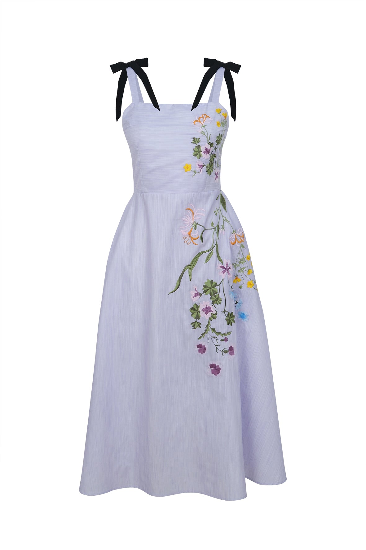 Front view of Mimoza Dress with bow-tie shoulder straps and embroidered wildflowers on lilac-striped midi against white