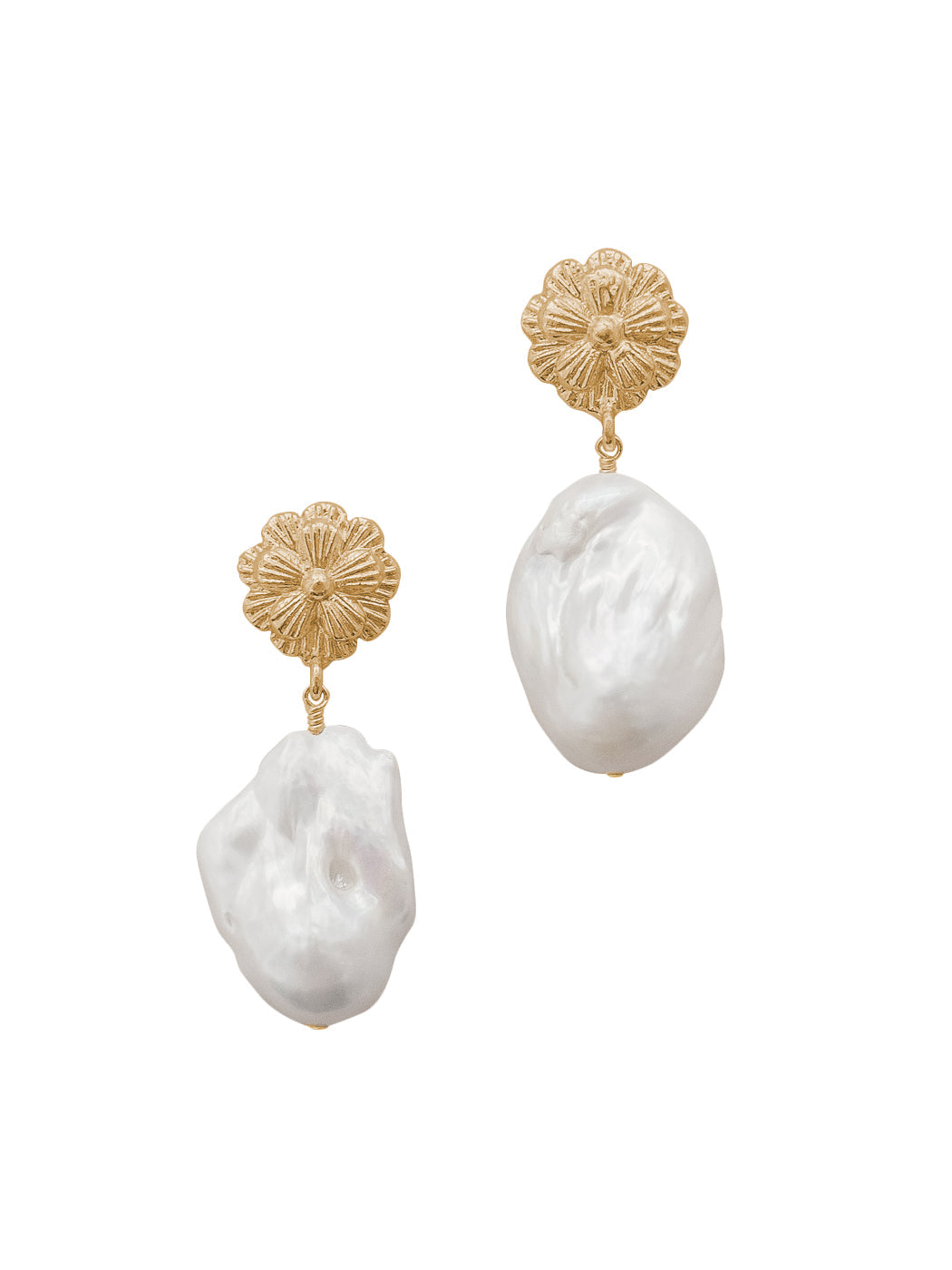 Front view of Mindy earrings showcasing gold-plated floral posts and dangling white baroque pearls on white background