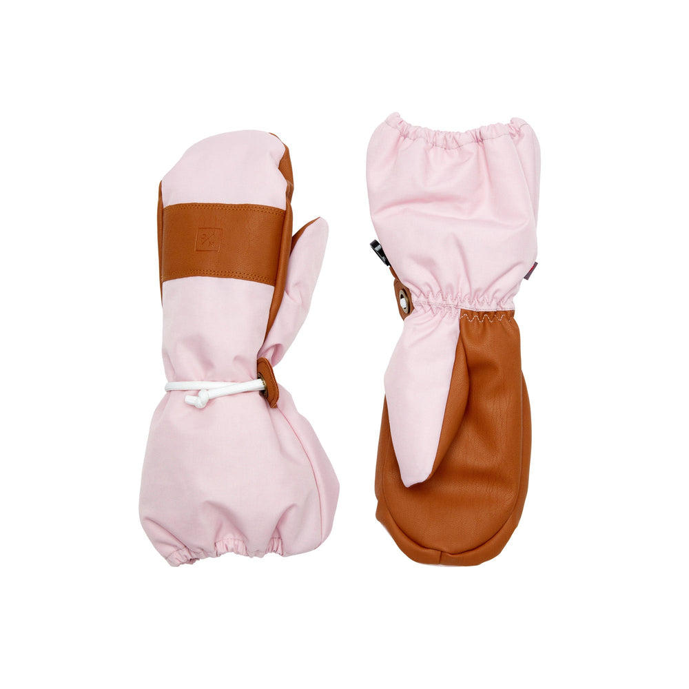 Front and back view of Women’s Ballerina Pink ski mittens showing brown PU palm, elastic wrist and extended cuff on white