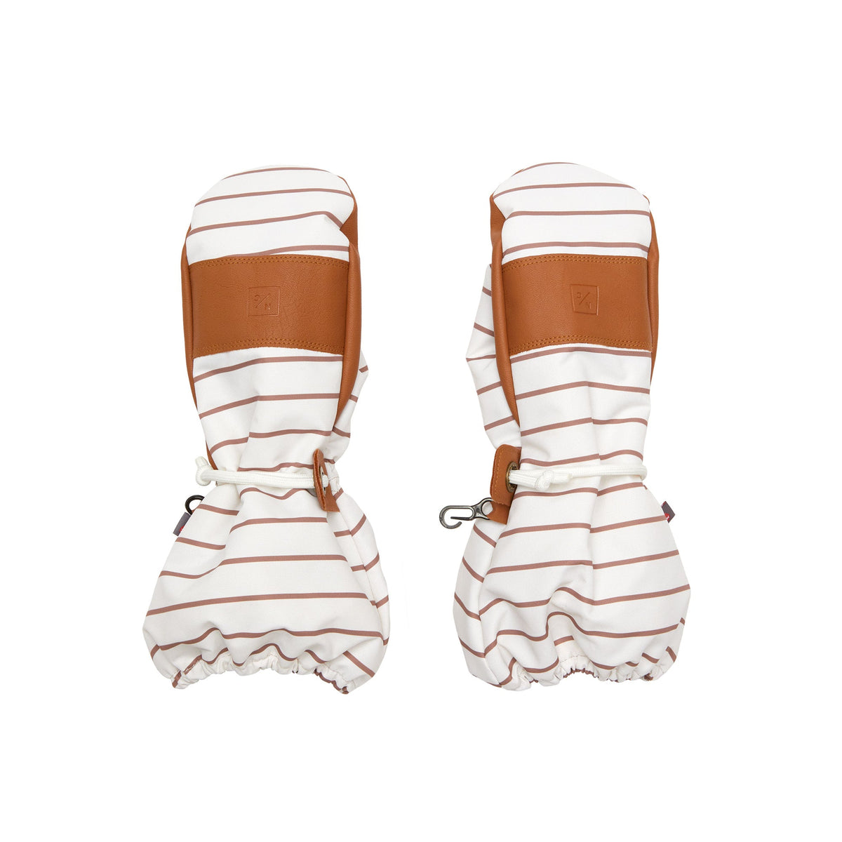Front and back views of Kids’ Breton Stripe Waterproof Ski Mitten showing brown PU palms and striped shell on white