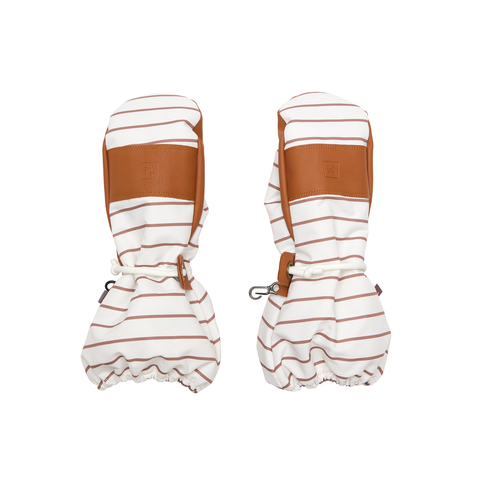 Kids brown and white striped mittens for boys and girls, featuring warm insulation, soft fleece lining, and waterproof exterior, designed for skiing and winter snow sports to keep hands warm in cold weather