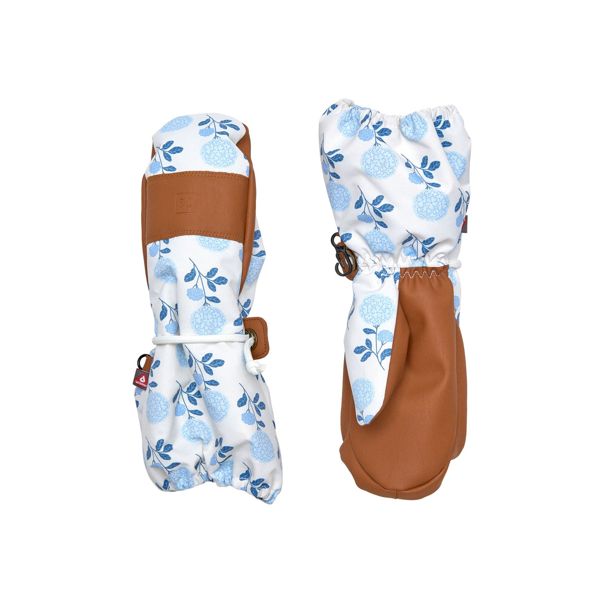 Pair of Women’s Hydrangea waterproof ski mittens showing blue hydrangea print and brown PU palm on white background