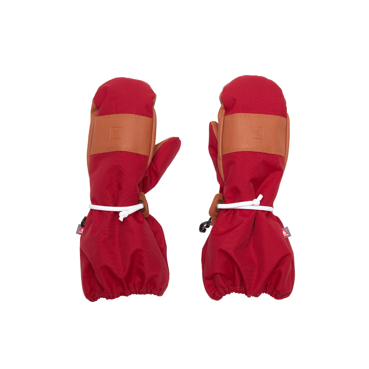 Front view of Heritage Red ski mittens showing non-slip PU palm, extended cuff, and wrist cord on white background