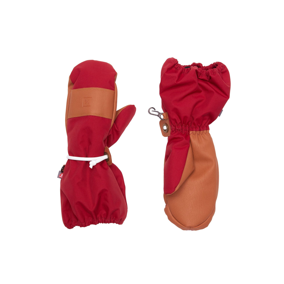 Heritage Red waterproof ski mittens, front and back view showing brown non-slip palm, extended cuff, wrist cord and clip