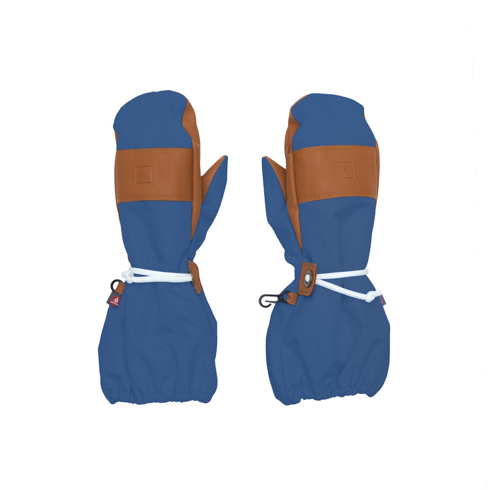 Front view of women’s mountain blue waterproof ski mittens with brown PU palm patches, extended cuffs, and white leash