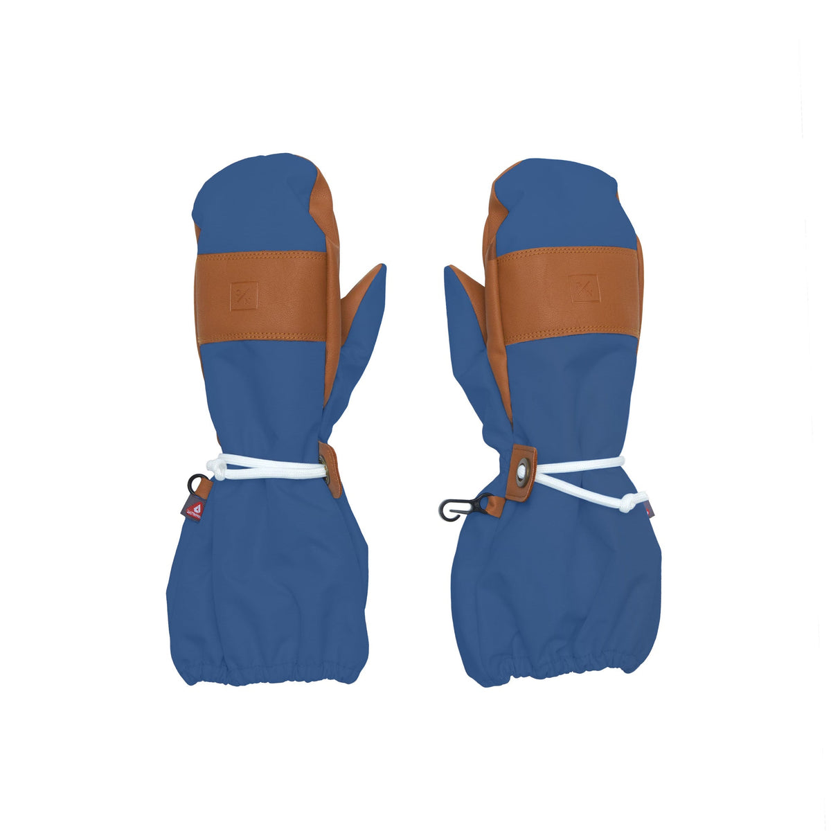 Front view of women’s mountain blue waterproof ski mittens with brown PU palm patches, extended cuffs, and white leash