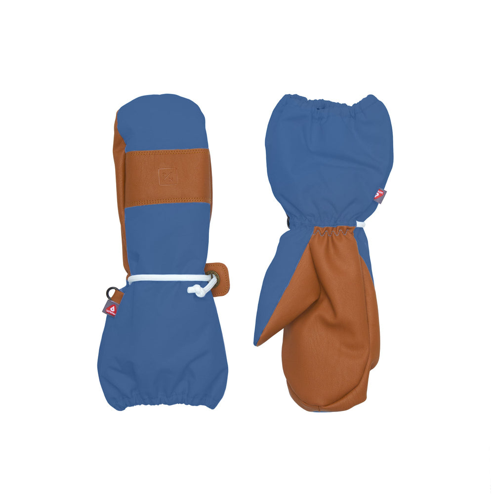 Front and back view of Women’s Mountain Blue ski mittens with brown PU palm, elastic wrist, drawcord, extended cuff on white