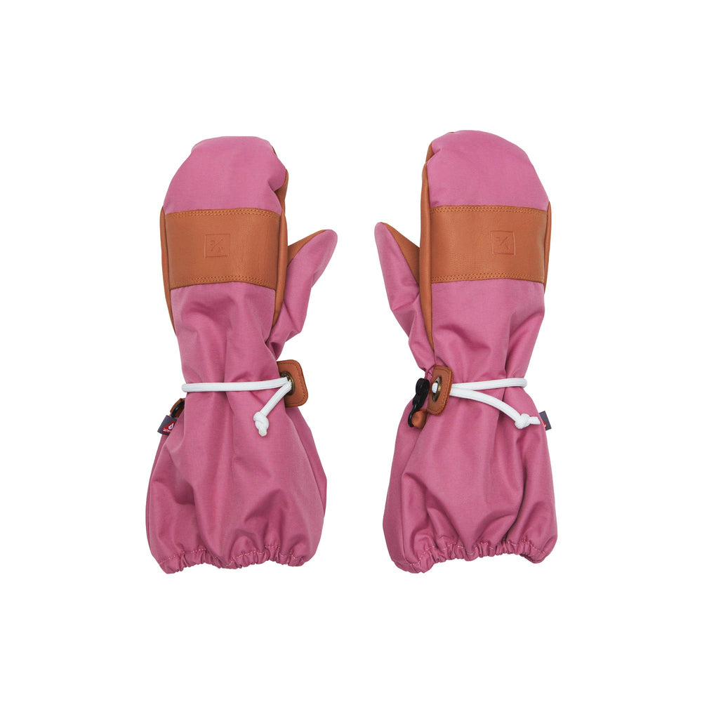 Top view of women’s rose pink waterproof ski mittens with brown non-slip palm patch, adjustable wrist cord and extended cuff on white background