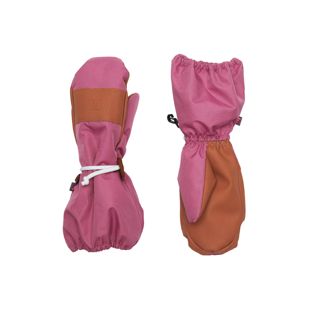 Flat lay of women’s rose pink waterproof ski mittens showing brown non-slip palms and elastic gauntlet cuffs on white
