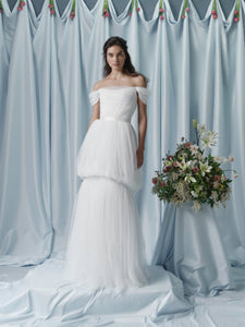 Valeria Off-The-Shoulder Ruched Tulle Gown