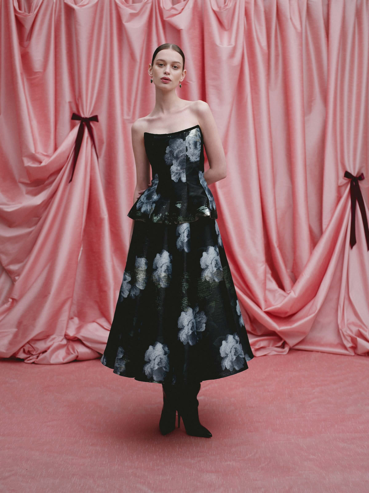 Soleil Metallic Watercolor Floral Brocade Midi Skirt