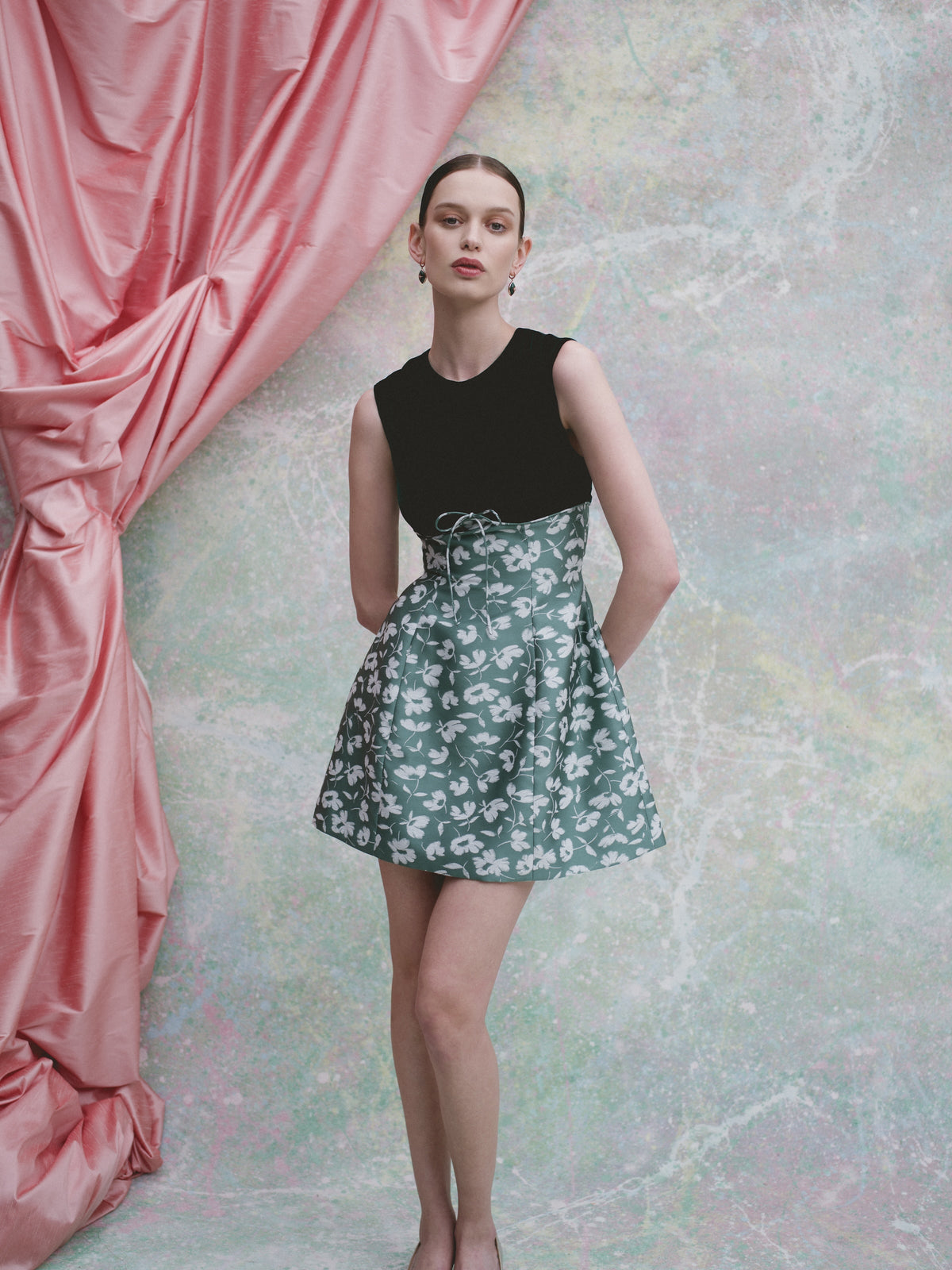 Jolie Green and White Floral Brocade Contrasting Bodice Mini Dress
