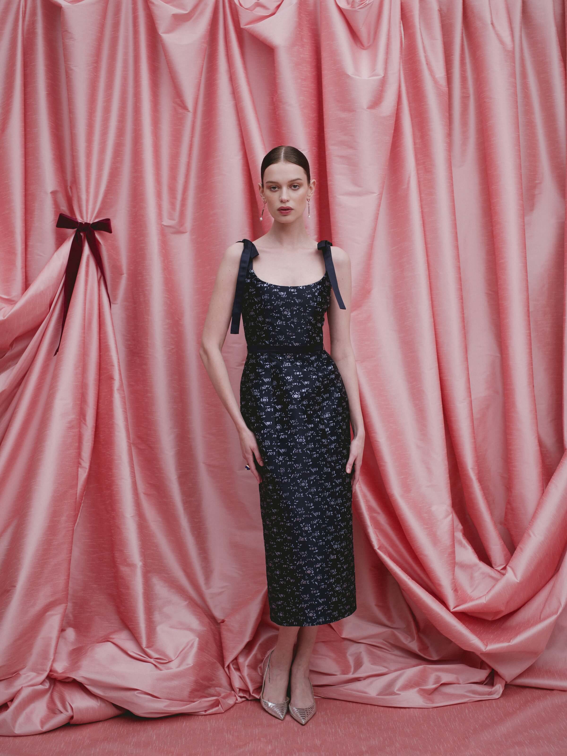Acacia Navy Floral Brocade Corset Midi Dress