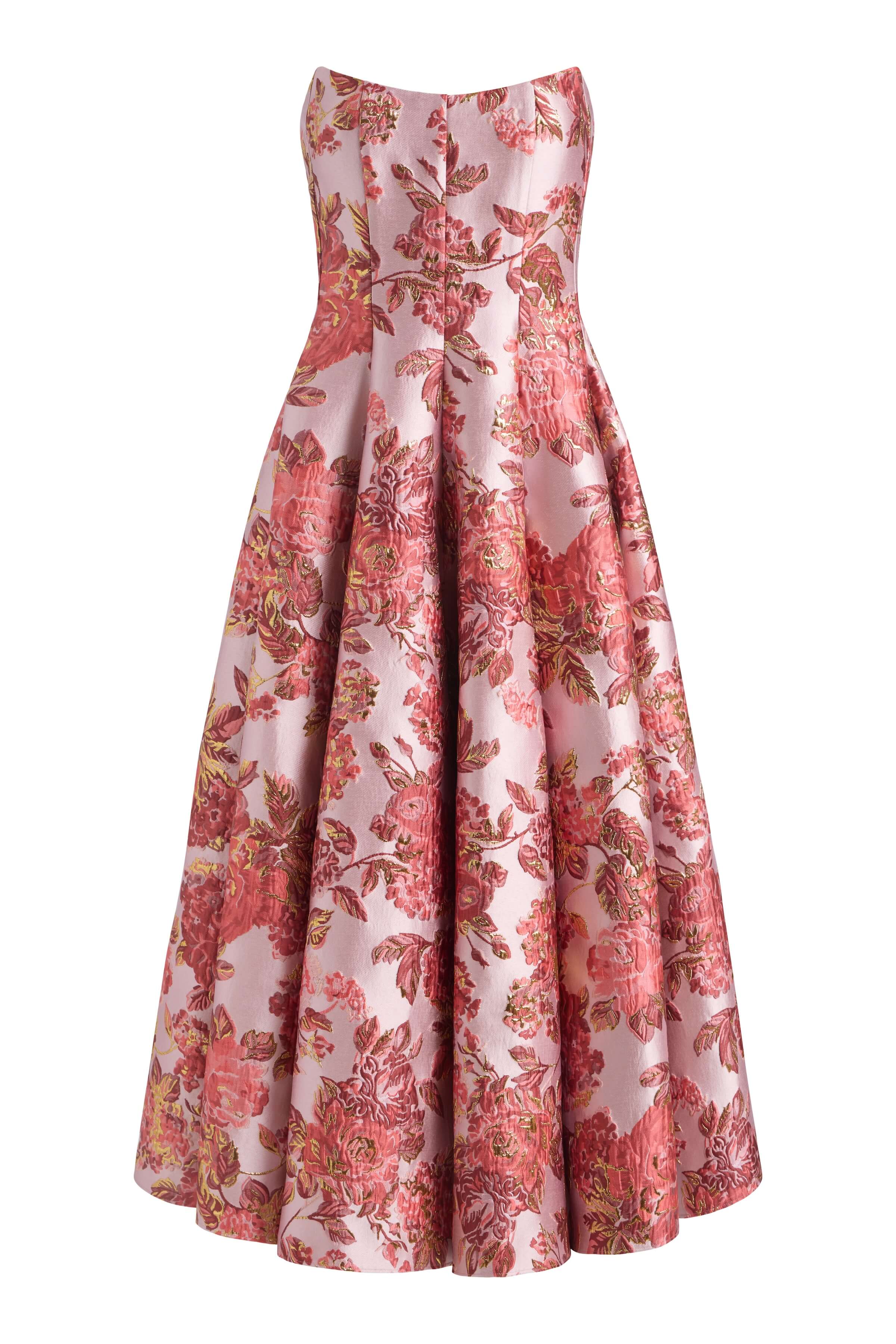 Rousseau Pink Metallic Floral Strapless Midi Dress