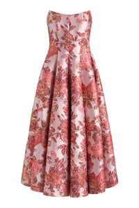 Rousseau Pink Metallic Floral Strapless Midi Dress
