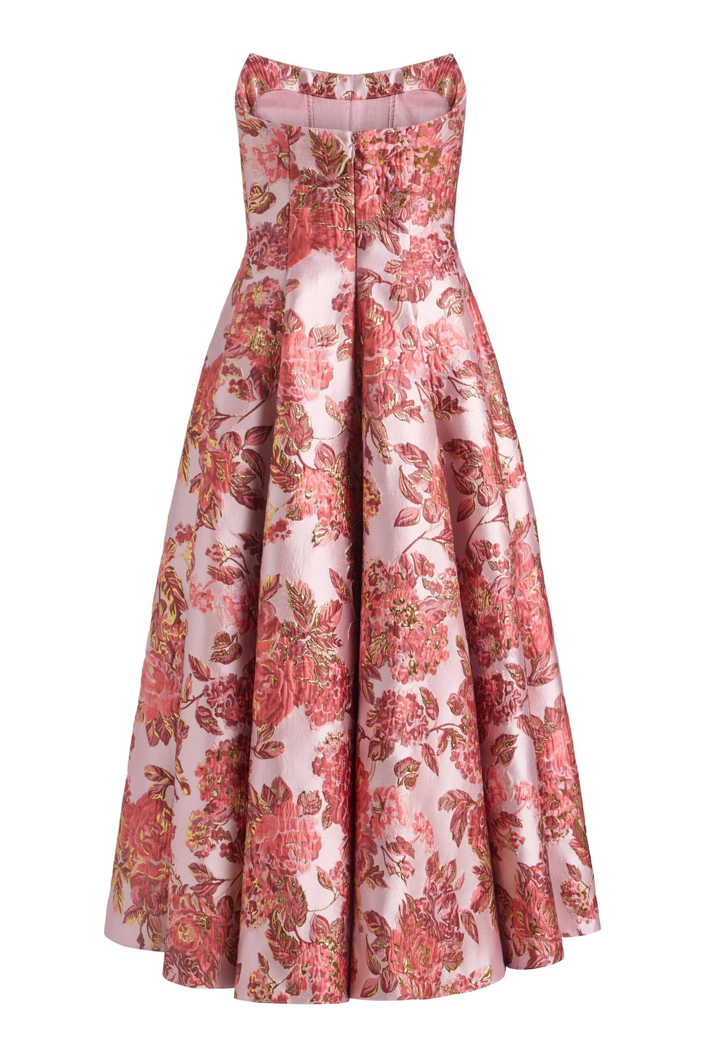 Rousseau Pink Metallic Floral Strapless Midi Dress