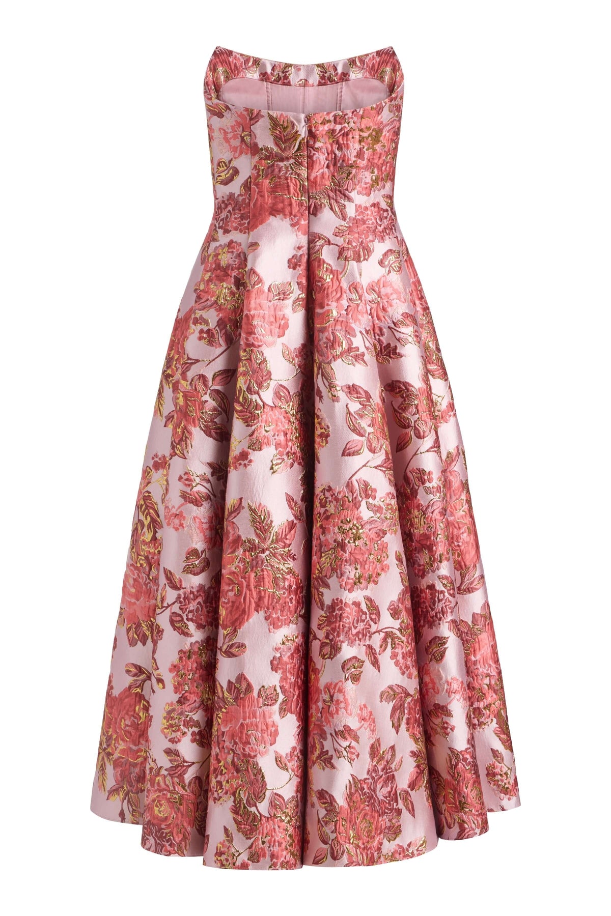 Rousseau Pink Metallic Floral Strapless Midi Dress