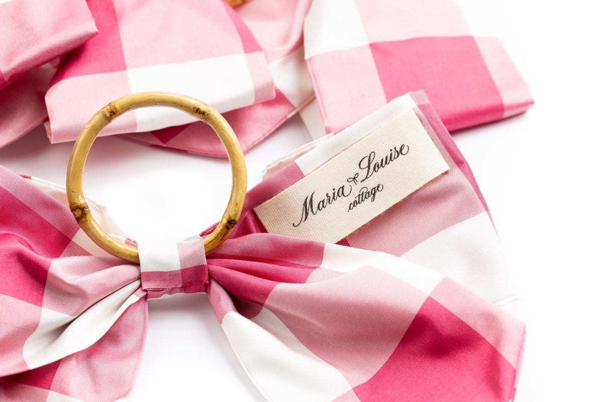 Silk Farmhouse Gingham Napkin Rings in Pink, Set of 4