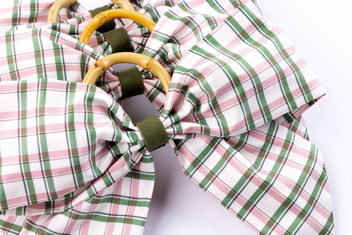 Silk Saffron Check Napkin Rings in Green, Set of 4