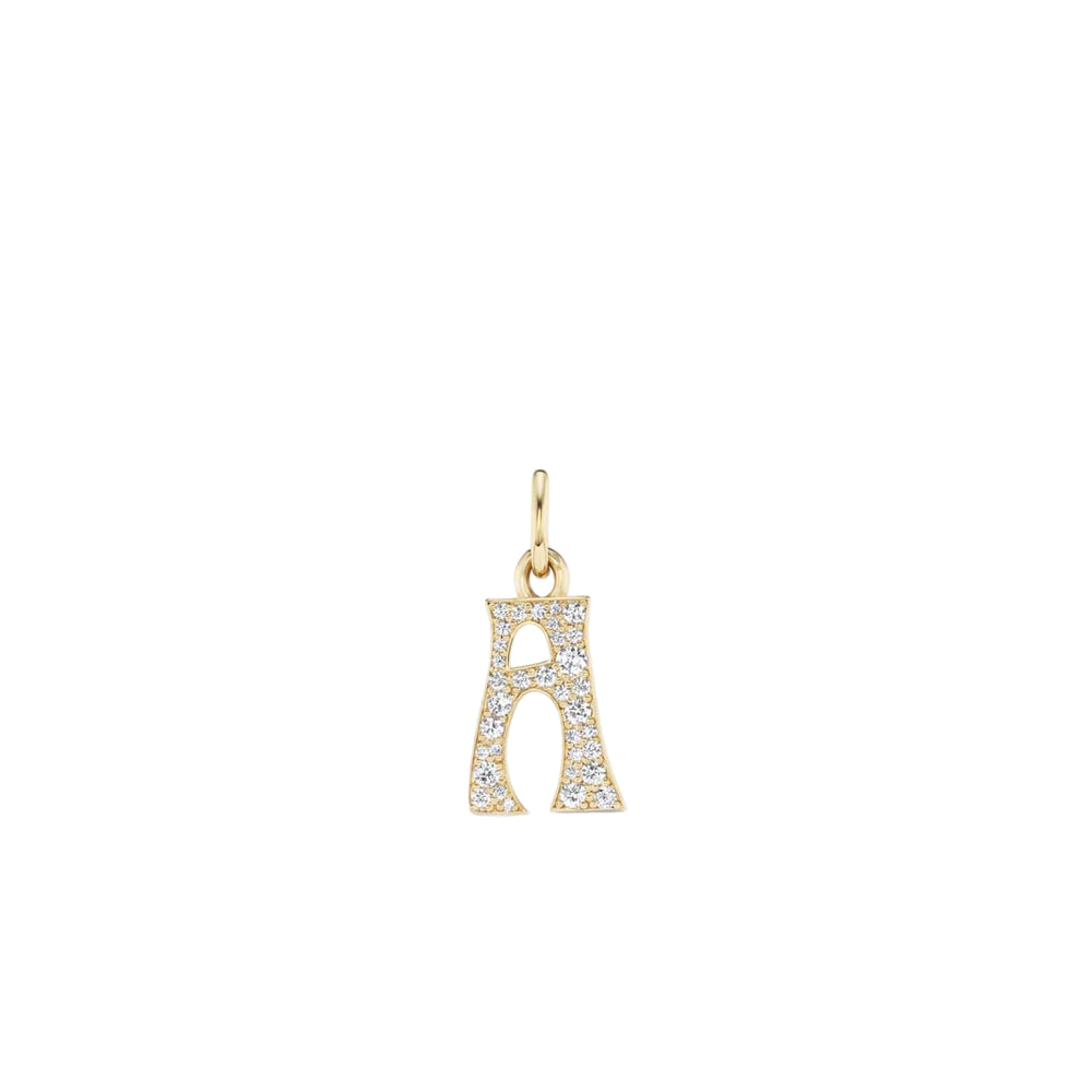 Front view of 14k yellow gold letter A charm set with pavé diamonds on a white background